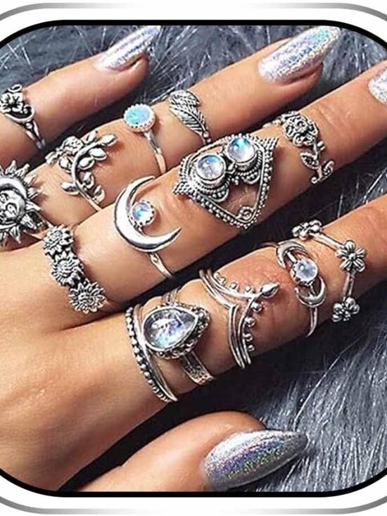 Jewelry - Vintage Ring Set Carved Knuckle Rings Crystal Gemstone Stackable Rings Finger Mi